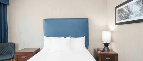 Habitación de hotel con cama, una silla, una mesita de noche, lámpara y un cuadro en la pared.