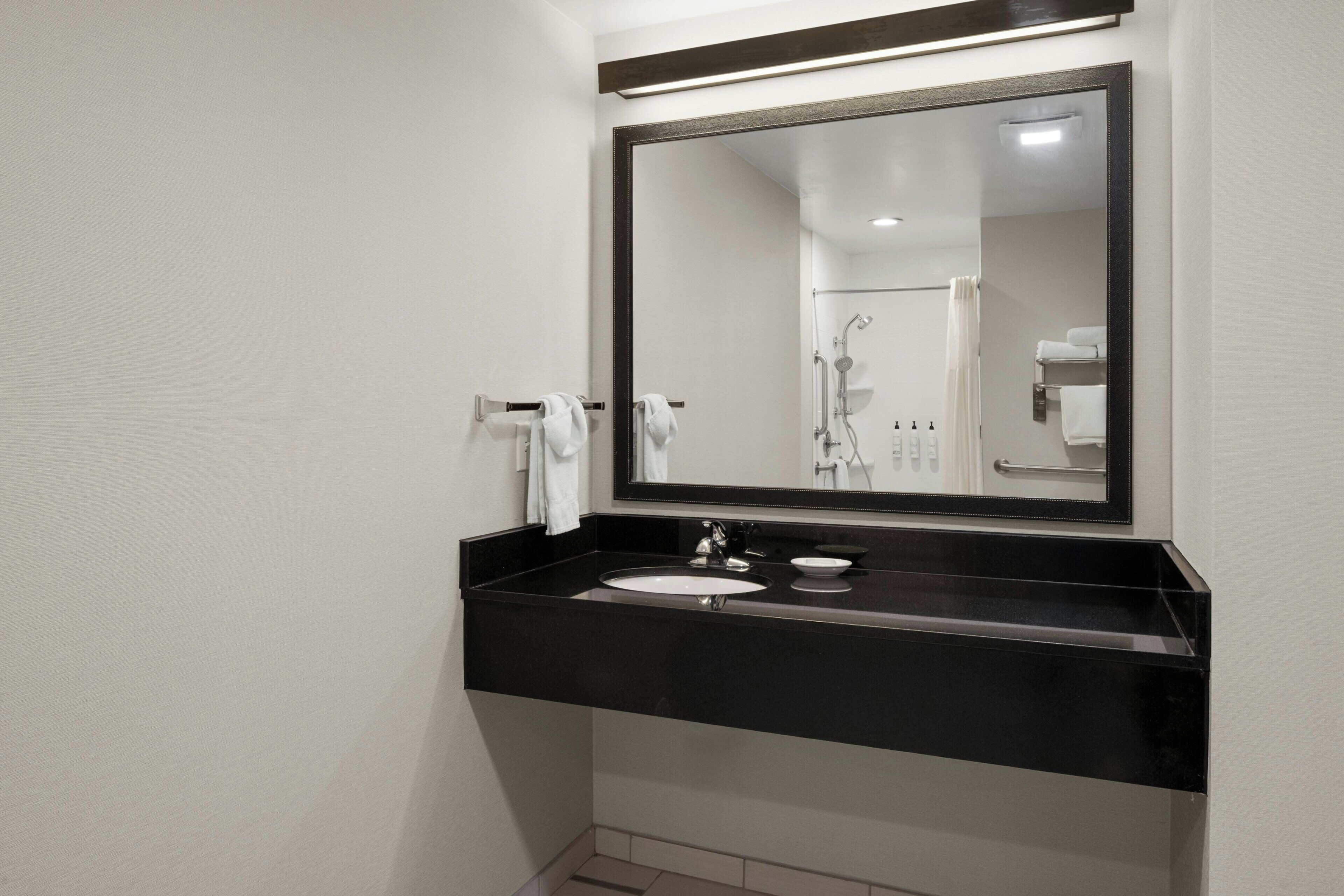 Een moderne badkamer met een zwart aanrecht, een witte wastafel en een grote spiegel.