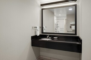 Un baño moderno con encimera negra, lavabo blanco y un espejo grande.