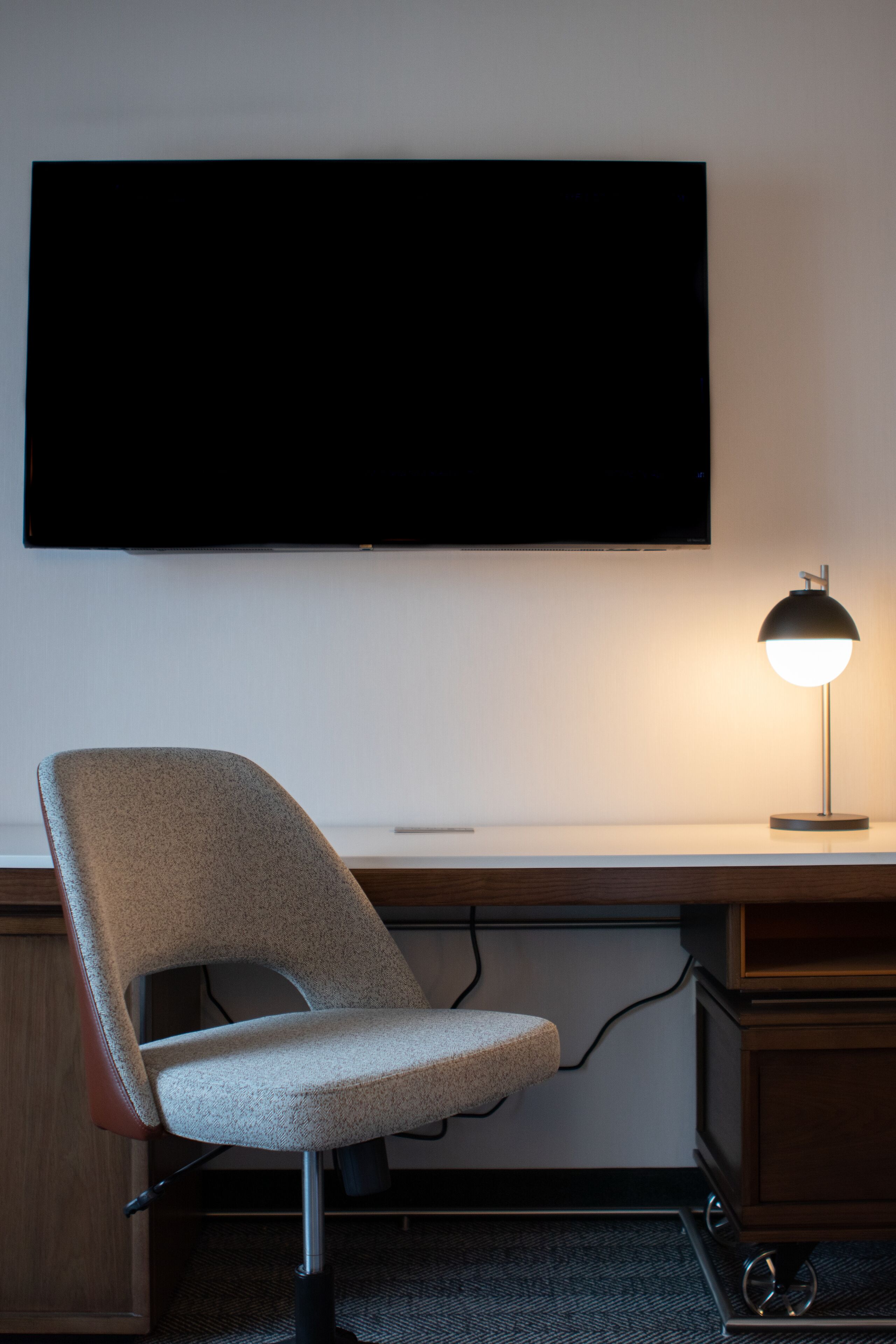 premium bedding, desk, laptop workspace, blackout curtains