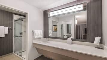 Un baño moderno con ducha de vidrio, un espejo grande y un lavamanos blanco.