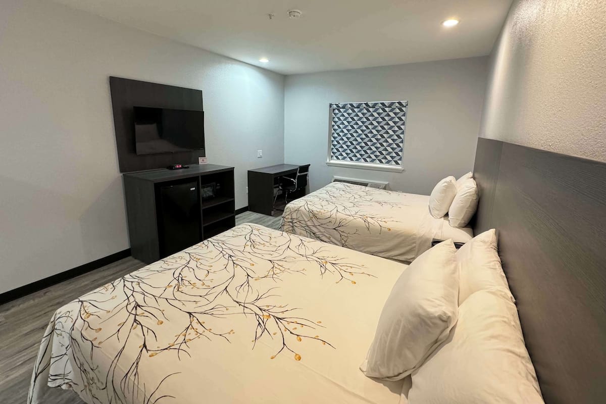 Een moderne hotelkamer met twee bedden, een televisie, een bureau en een raam met een geometrisch patroon.