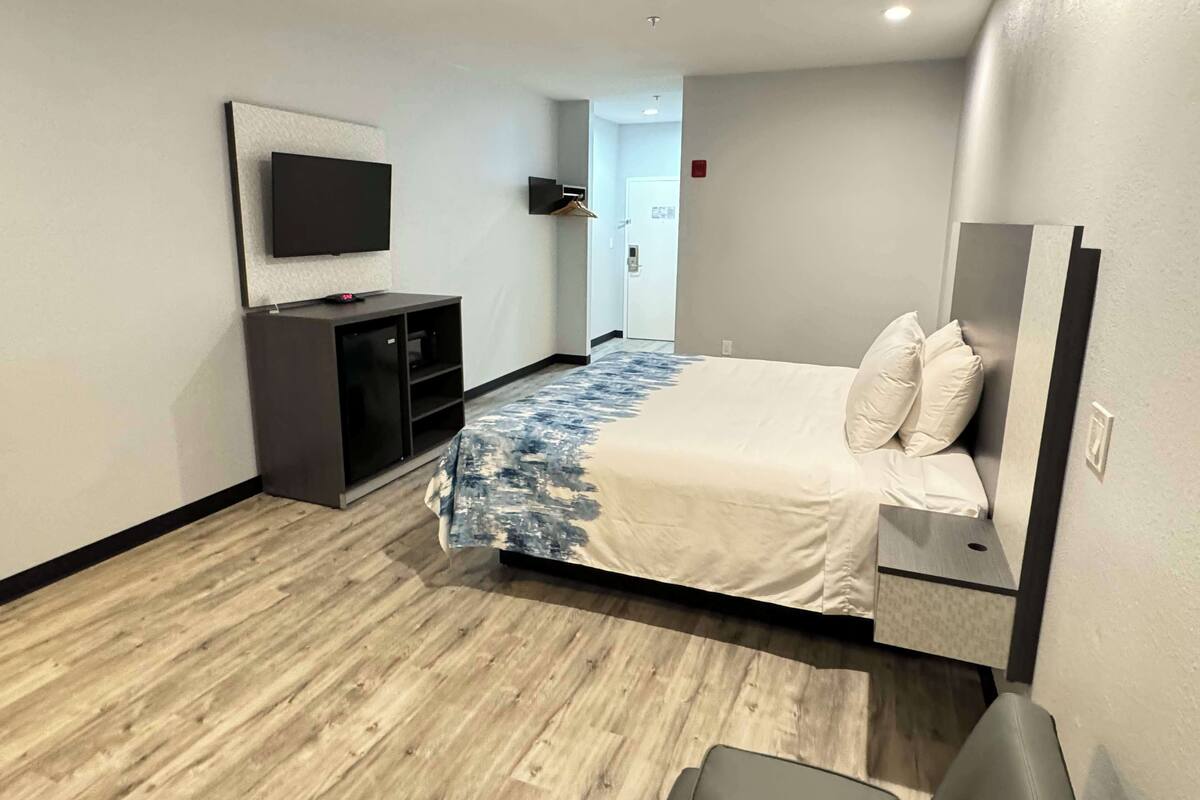 Een moderne hotelkamer met een bed, een televisie, een bureau en een kledingkast.