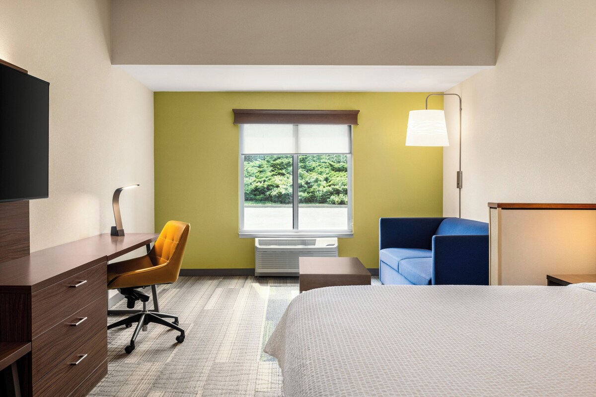 A hotel room with a bed, a desk with a chair, a TV, a window with a view of greenery, and a lamp.
