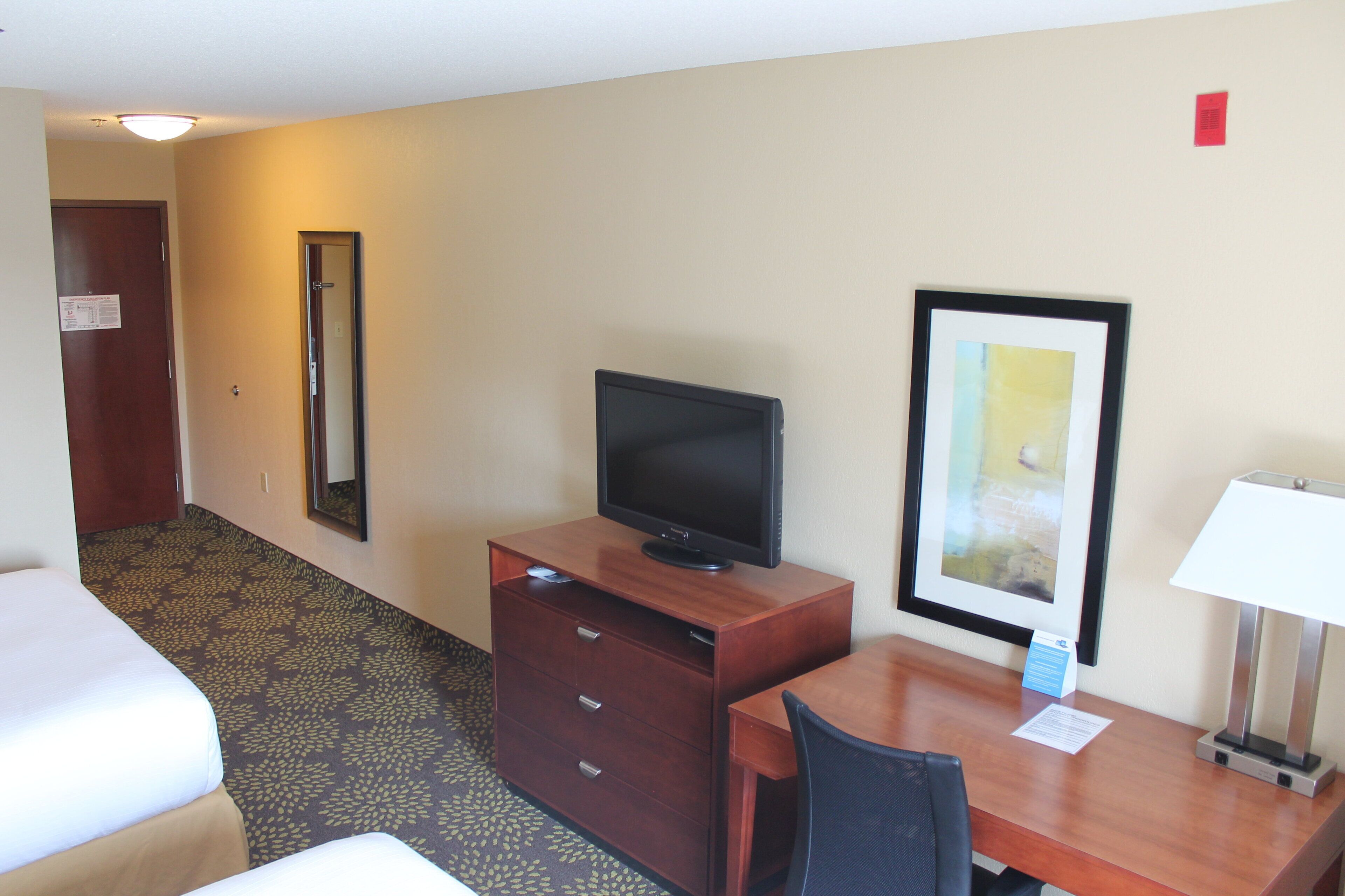 Une chambre d’hôtel avec un lit, un bureau et une chaise, un téléviseur posé sur une commode en bois, un tableau encadré accroché au mur et une porte avec une pancarte.