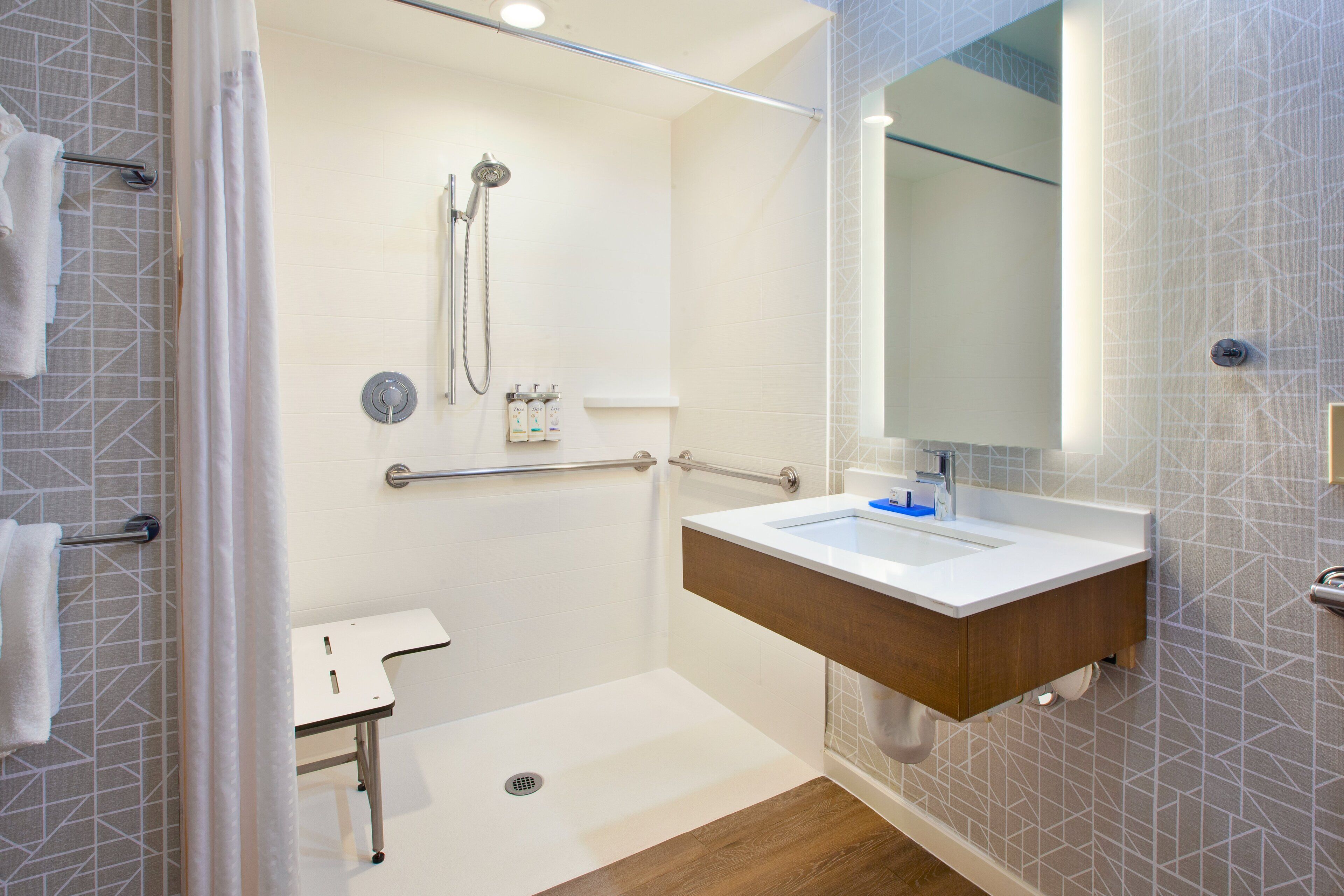 standard room, 2 queen beds, accessible (mobility, roll-in shower) | bathroom | hair dryer, towels, soap, shampoo