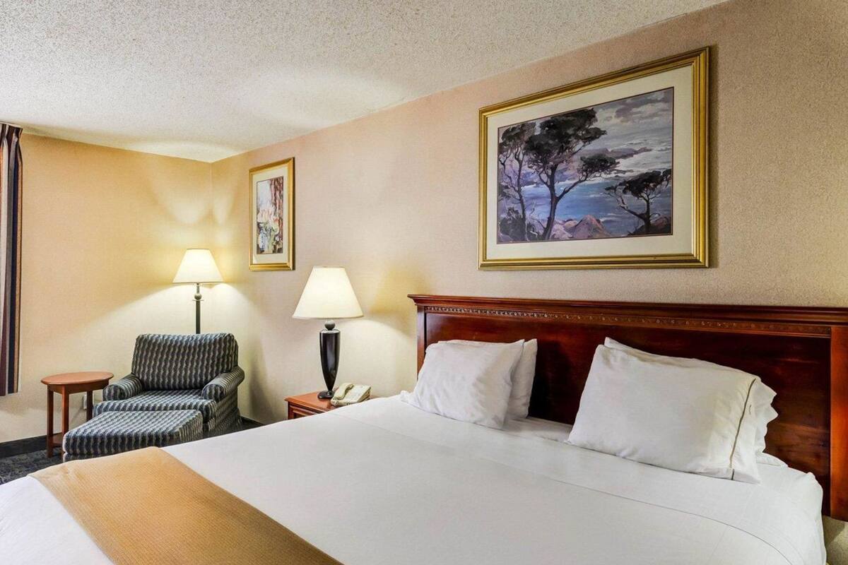 Une chambre d’hôtel avec un grand lit, deux lampes de chevet, une chaise, une petite table et un tableau au mur.