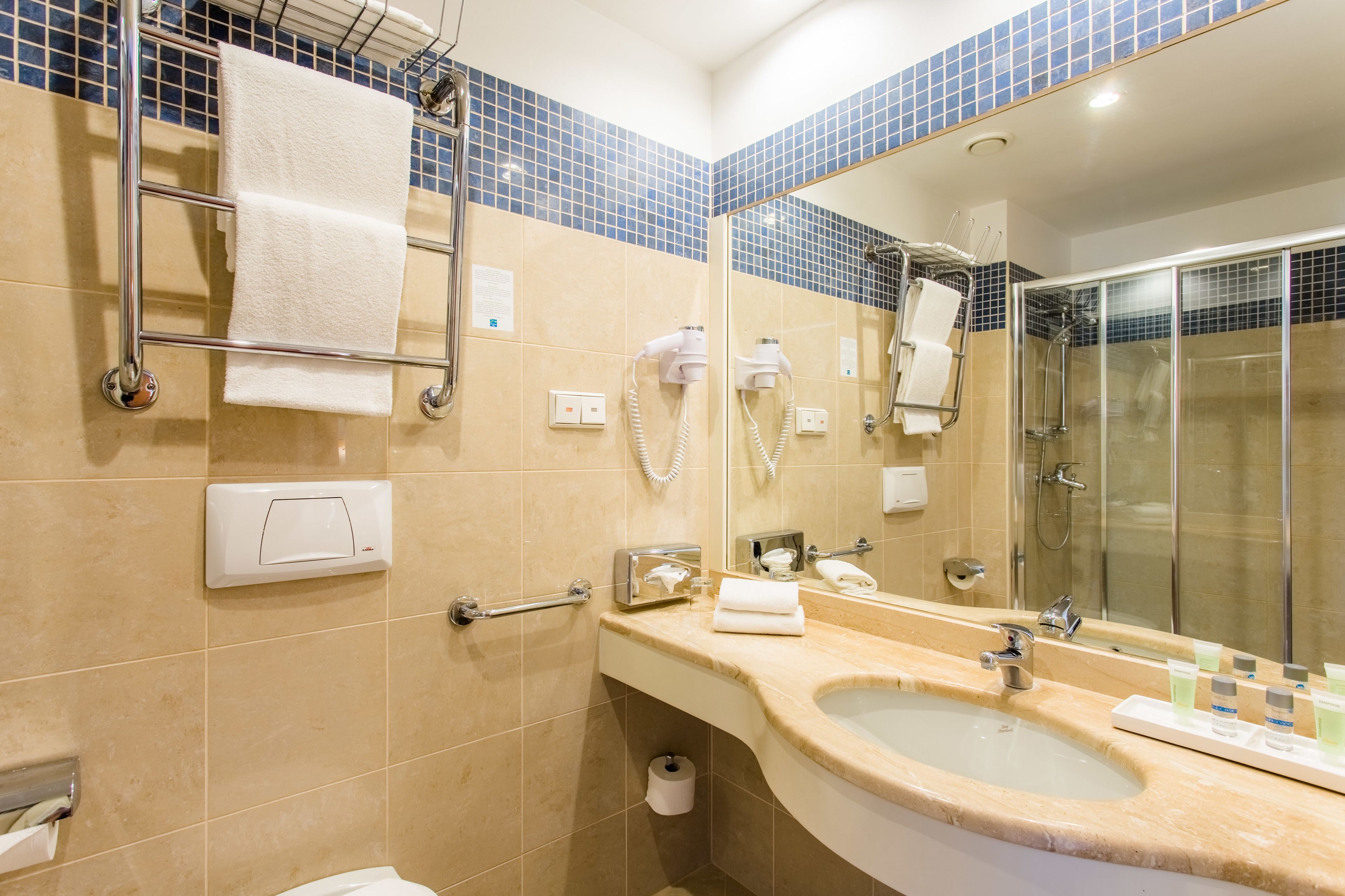 free toiletries, hair dryer, towels