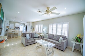 42-inch flat-screen TV with cable channels, TV, Netflix