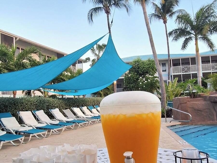 A poolside setting with a drink dispenser, lounge chairs, and palm trees.