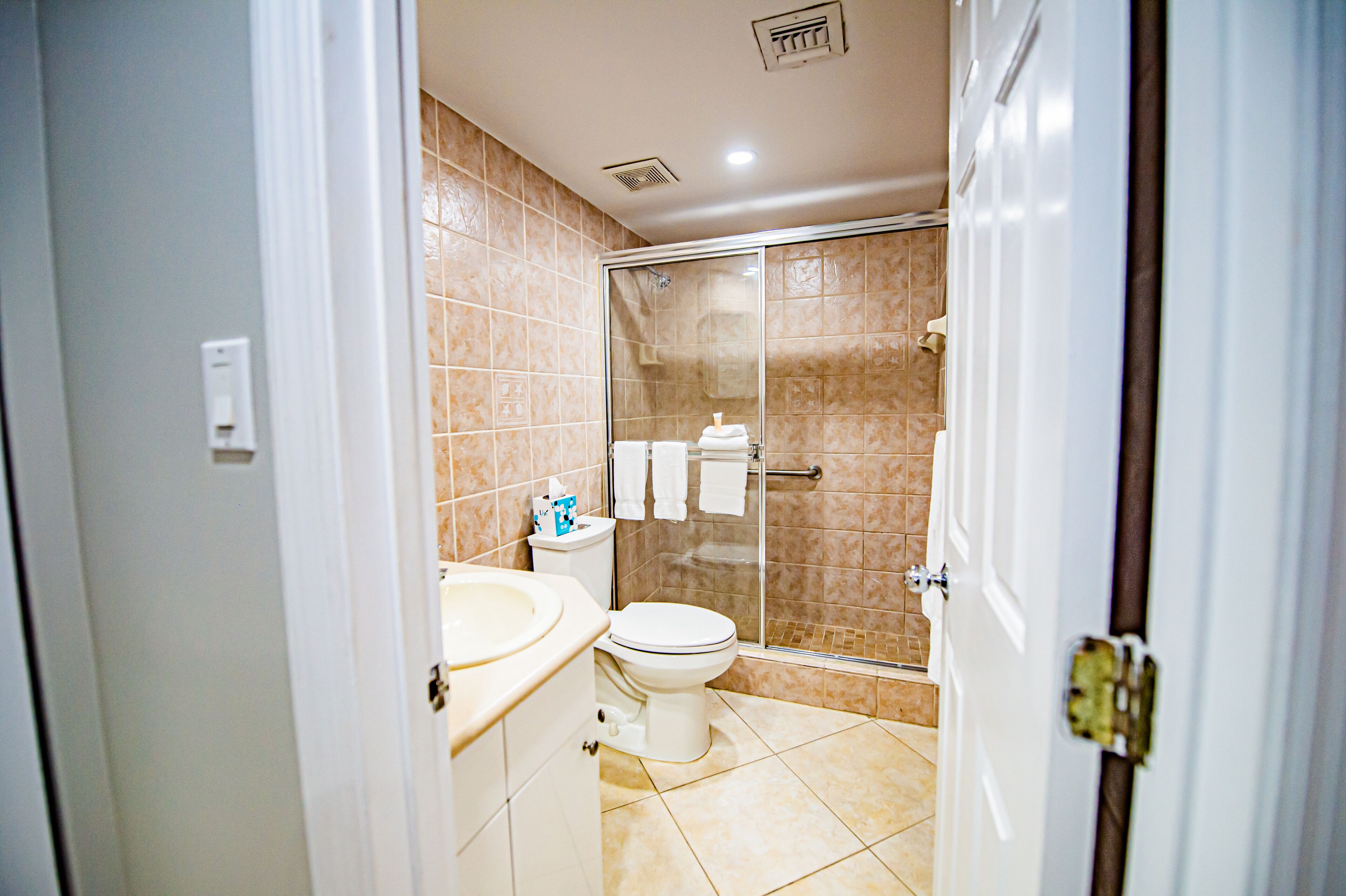 combined shower/bathtub, jetted bath, free toiletries, hair dryer