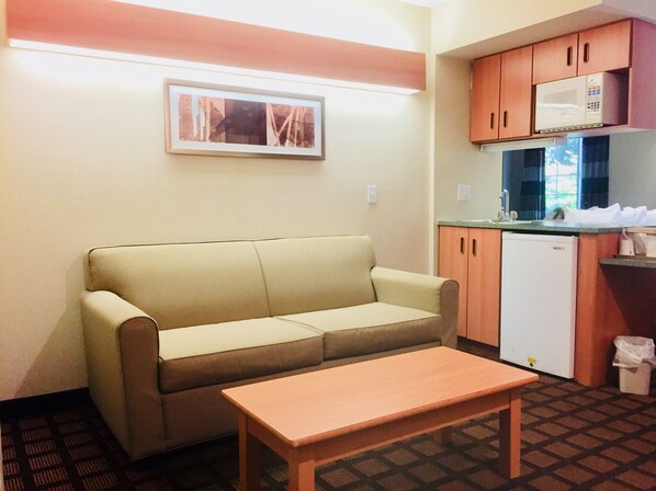 A compact living space with a sofa, a small wooden table, a kitchenette with a microwave and a refrigerator, and a framed picture on the wall.