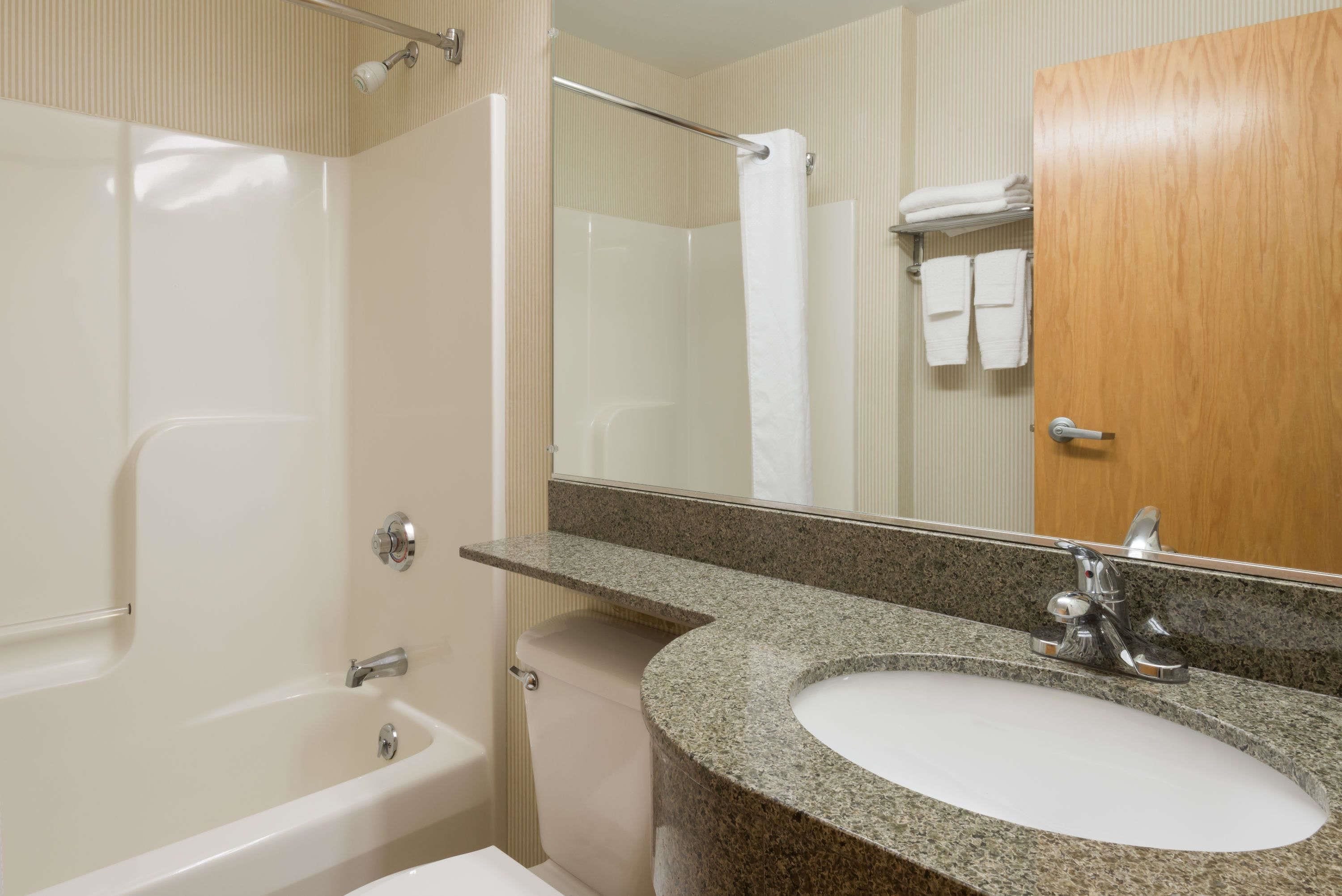 combined shower/bathtub, free toiletries, hair dryer, towels