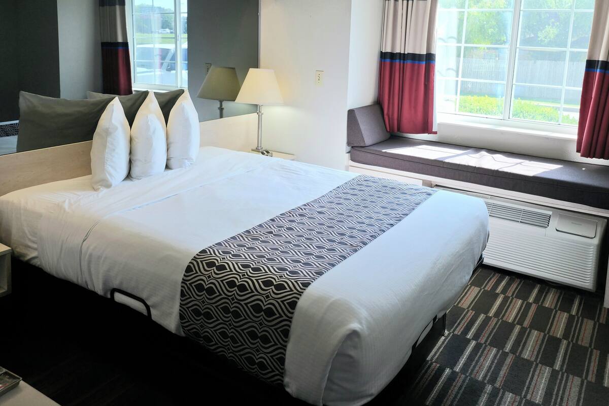 A hotel room with a large bed, a bedside table with a lamp, a window with curtains, and a view of greenery outside.