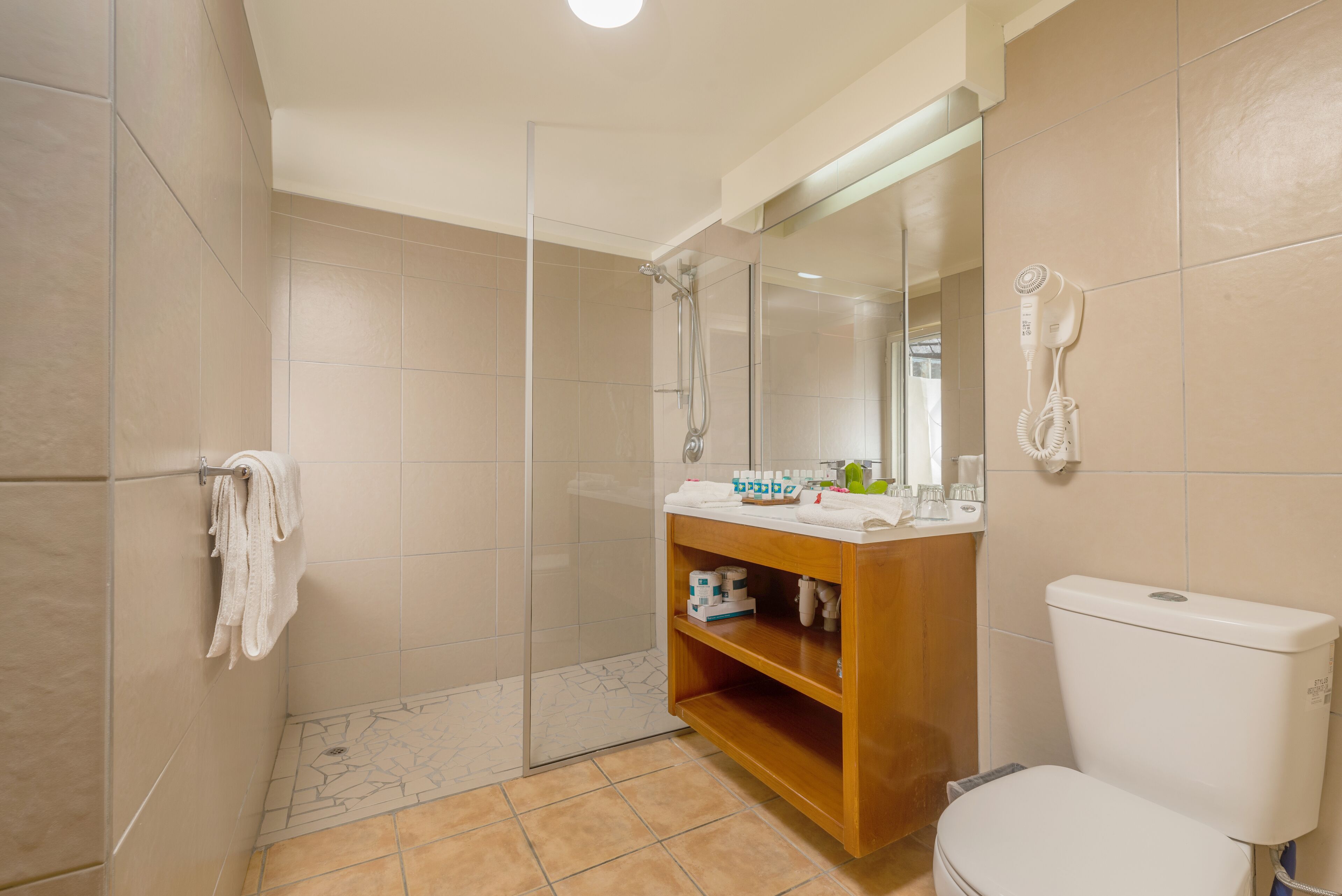 Ein Badezimmer mit Duschkabine aus Glas, einem Holzbadezimmer-Möbelstück und einer Toilette.