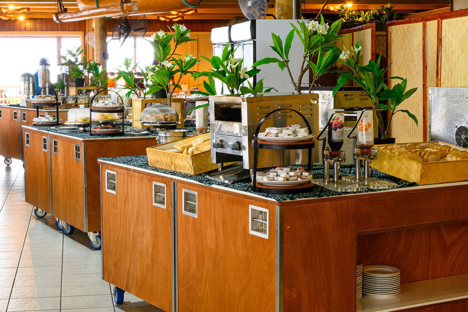 A buffet setup with various food items, a coffee machine, and decorative plants.