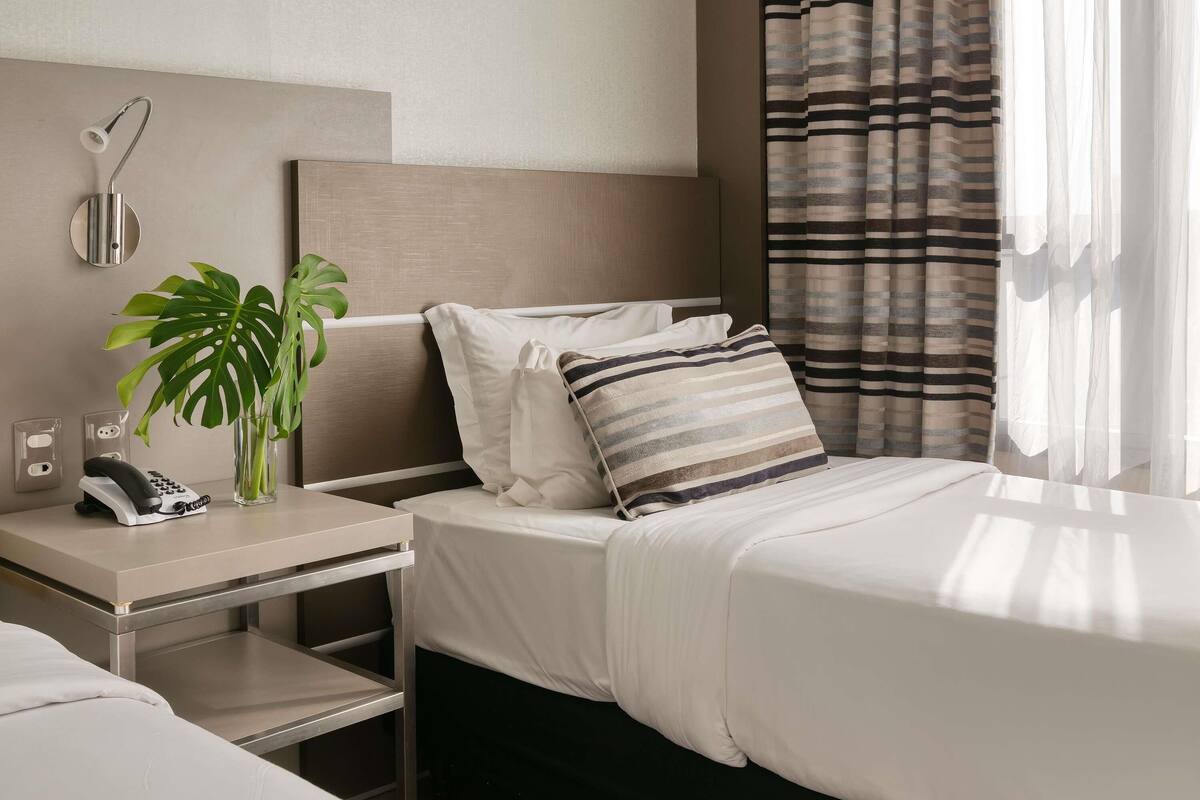 A hotel room with a bed, bedside table, a phone, a plant, and curtains.
