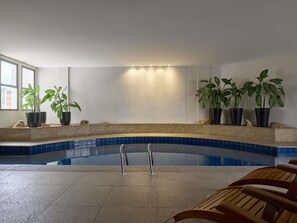 An indoor swimming pool with a clear view of the water, a wooden deck area, and potted plants.