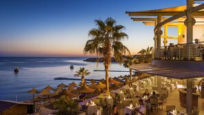 Un restaurante frente al mar con terraza, palmeras y vistas al océano.