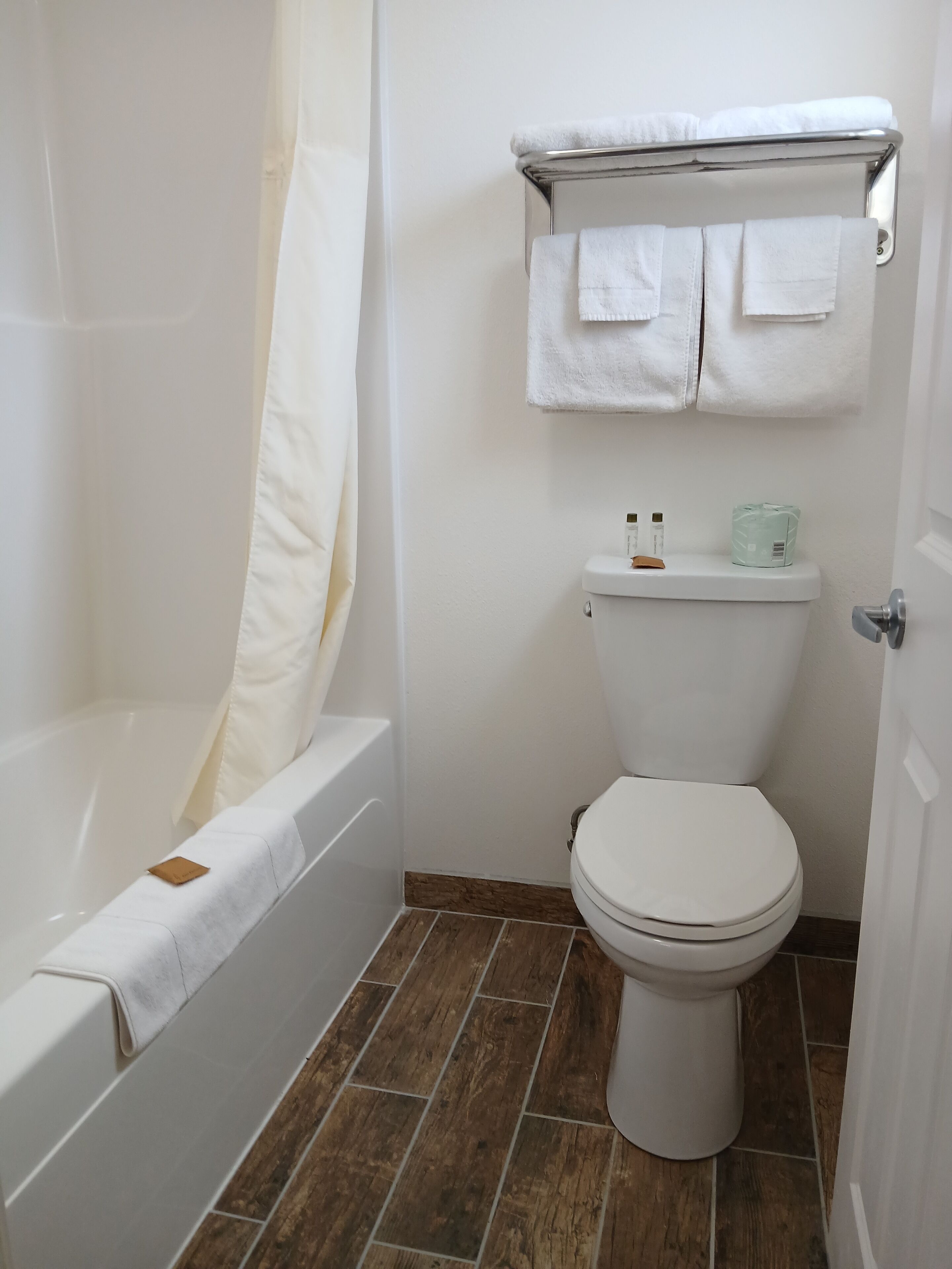 A bathroom with a bathtub, toilet, and a shower curtain.