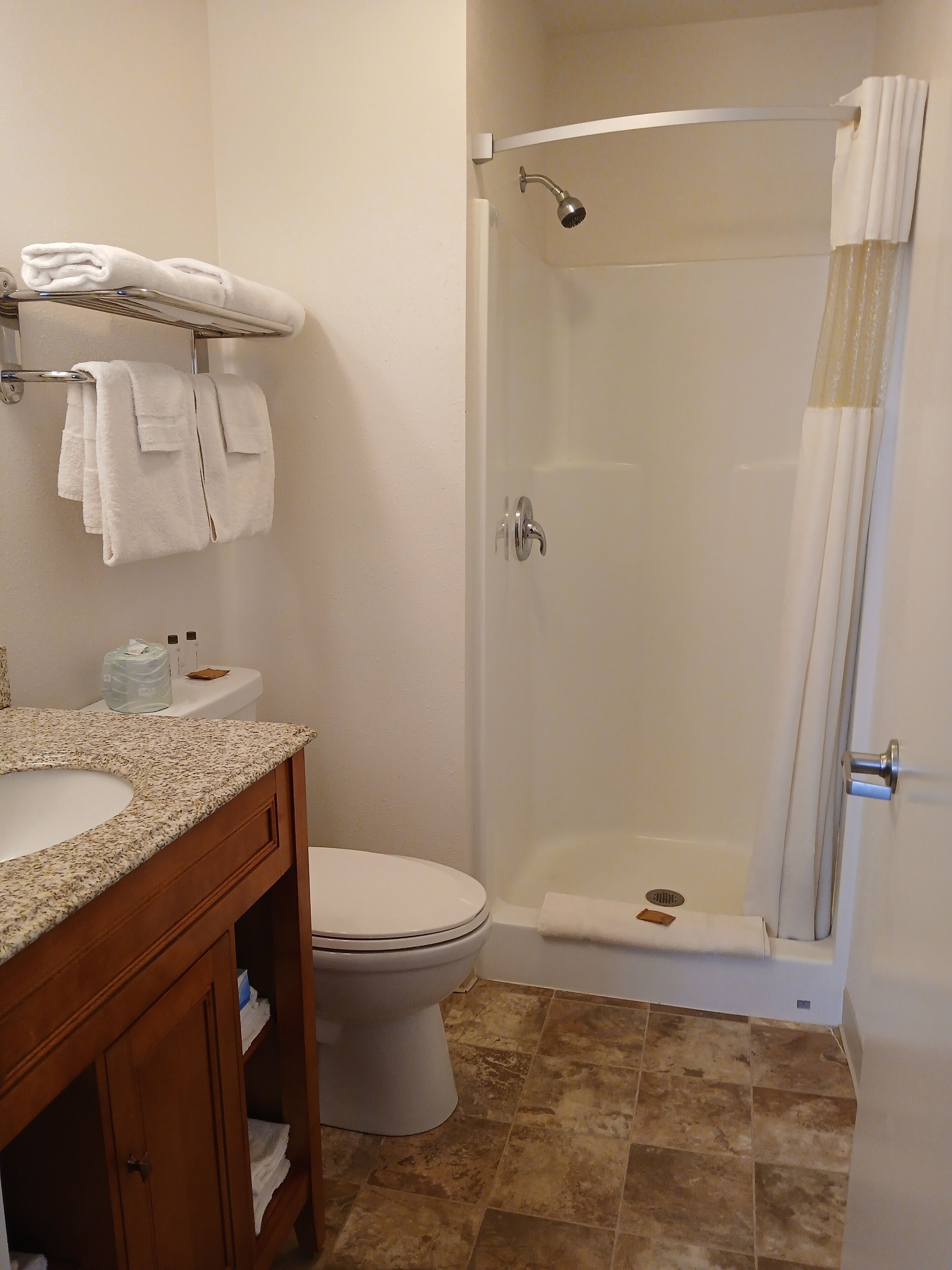 A bathroom with a sink, toilet, and shower.