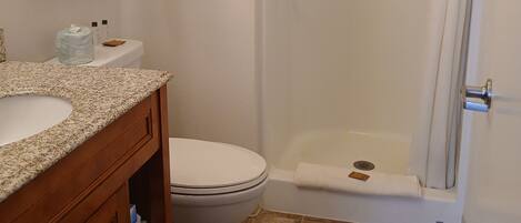 A bathroom with a sink, toilet, and shower.