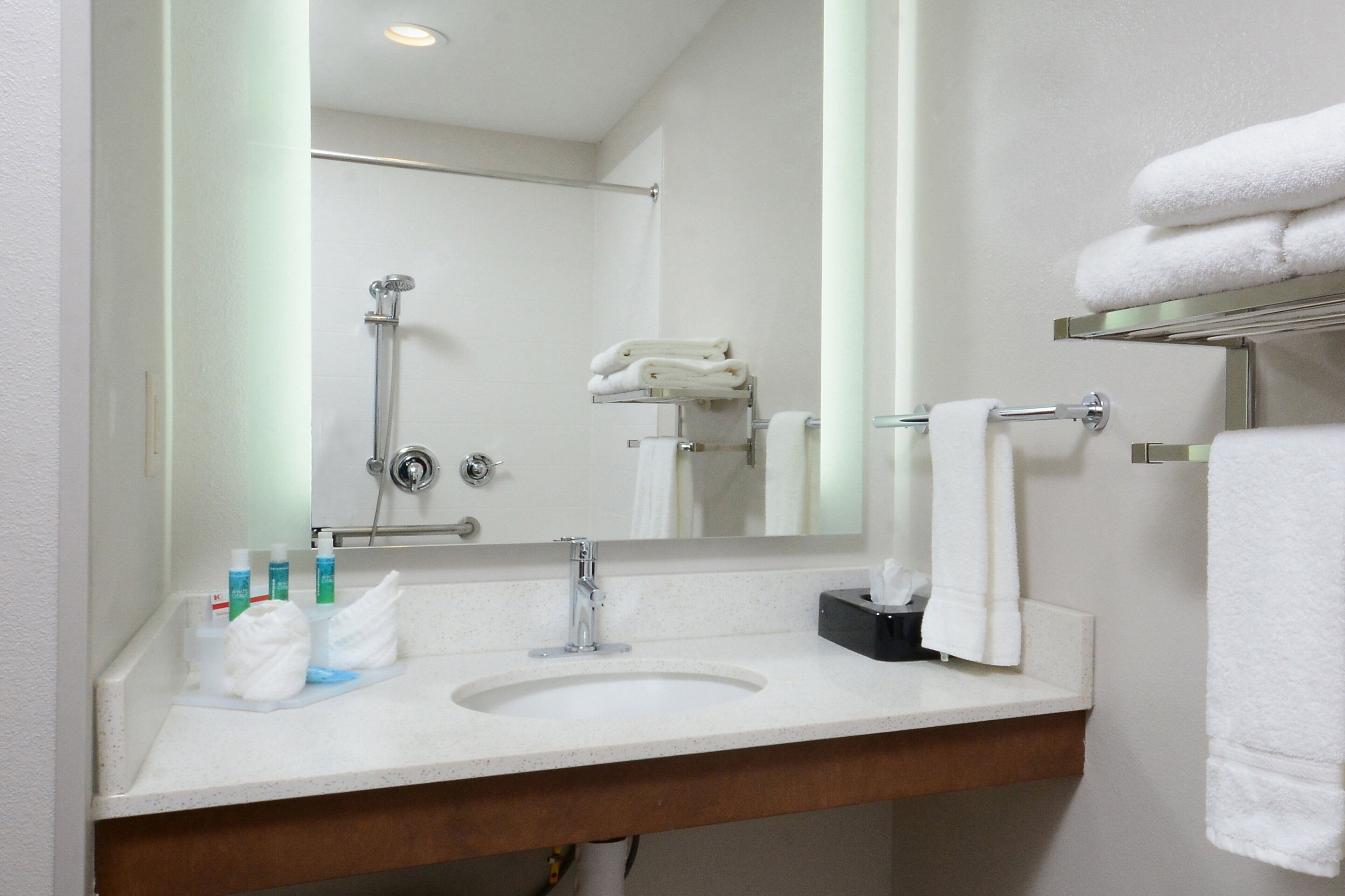 A hotel bathroom with a sink, mirror, towel rack, and toiletries.