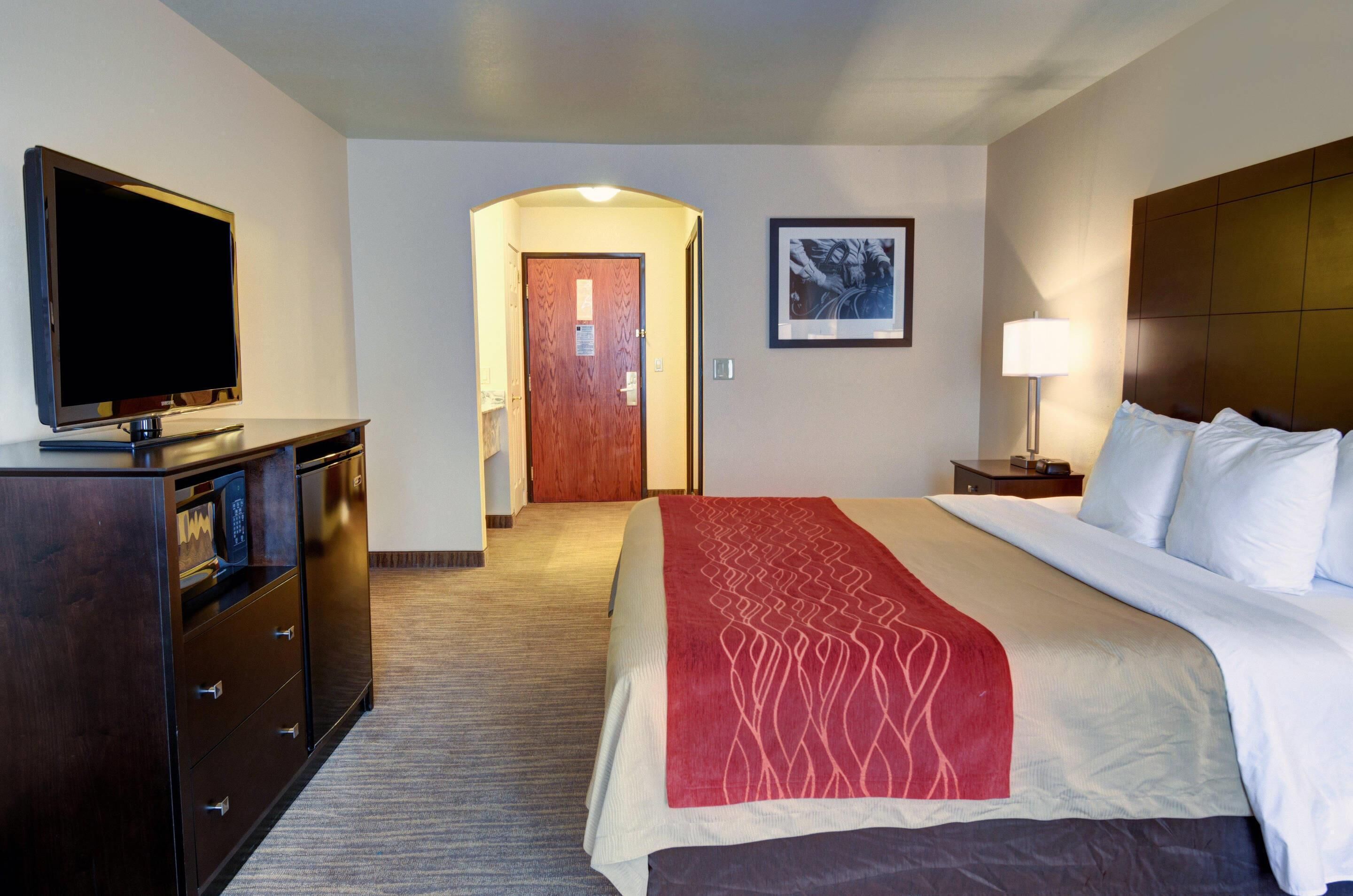 A hotel room with a bed, a TV, a desk with drawers, a lamp, and a framed picture on the wall.
