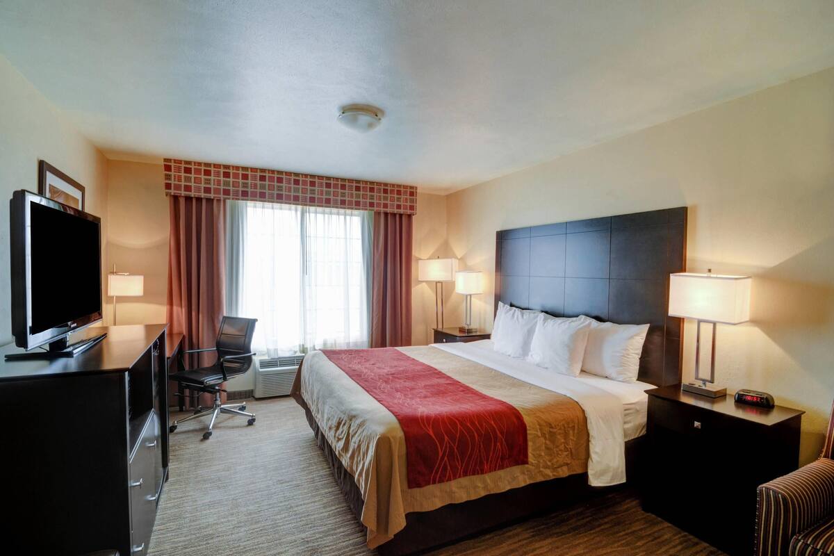 Habitación de hotel con cama, dos lámparas de noche, escritorio con televisor, silla y ventana con cortinas.