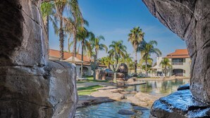 Outdoor pool, pool umbrellas, pool loungers