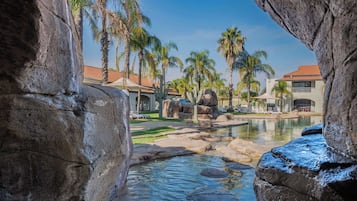 Outdoor pool, pool umbrellas, pool loungers