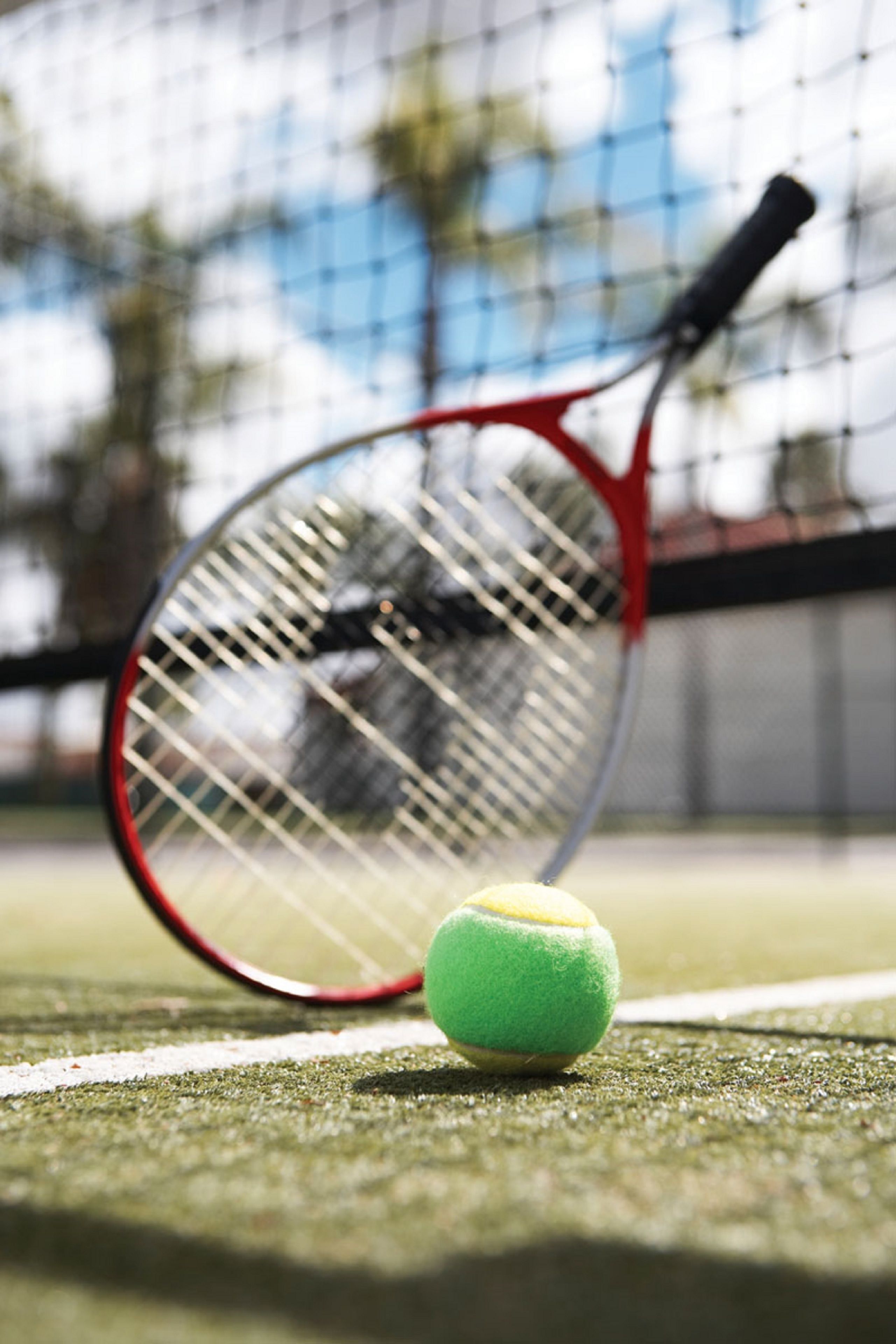 A tennis racket and ball on a court with a net.