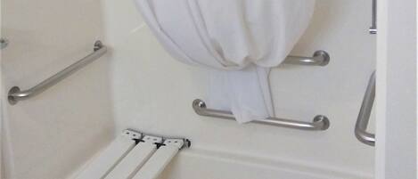 Ein Standardbadezimmer mit Badewanne, Dusche und Haltestangen.