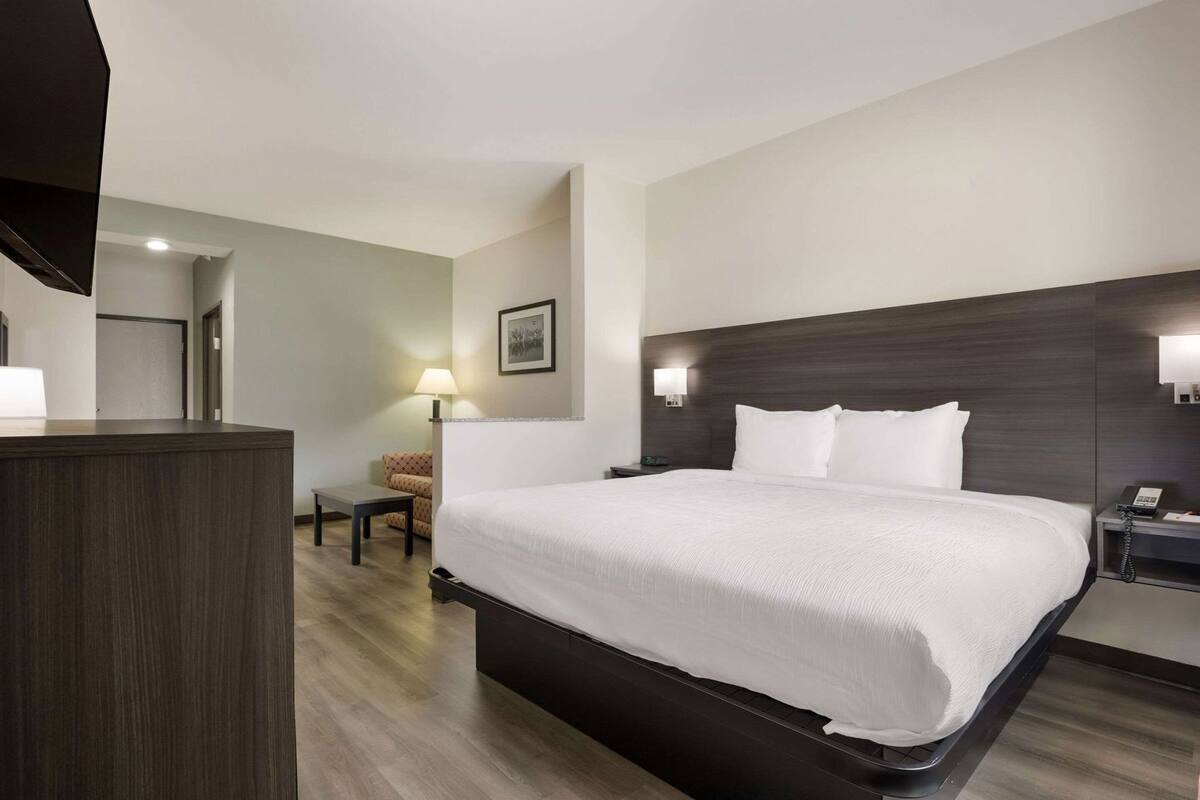 Habitación de hotel con una cama grande, un escritorio, una silla, una mesita de noche con lámpara y un cuadro en la pared.