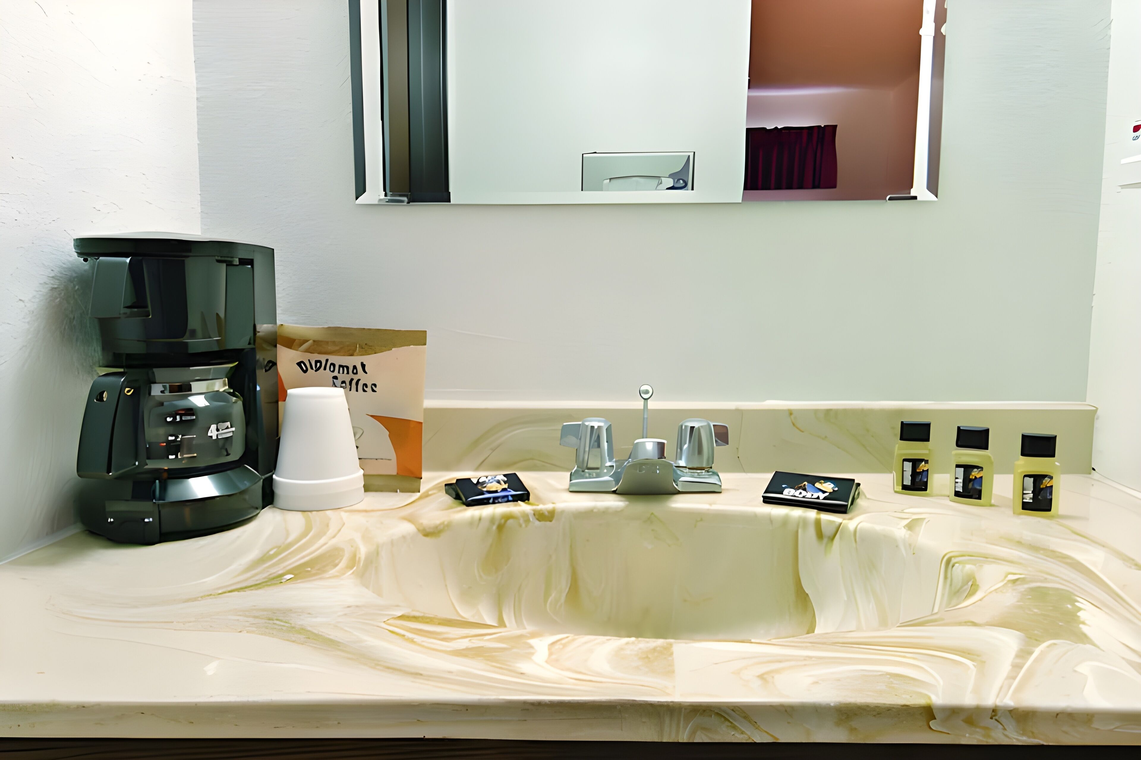 Baño de hotel con lavamanos, cafetera, tazas de café y artículos de aseo.