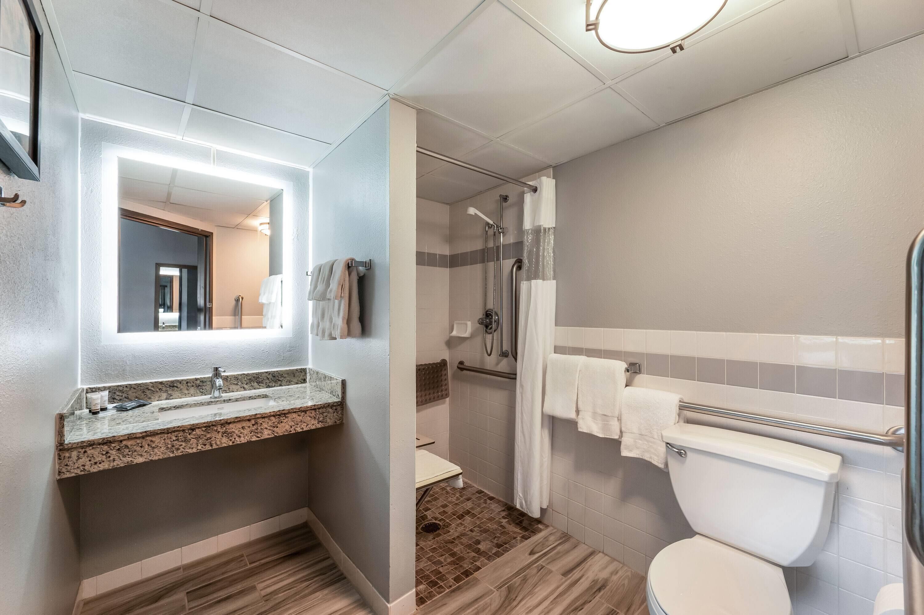A bathroom with a granite countertop sink, a toilet, and a shower area.