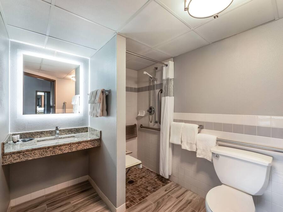 Baño con lavamanos de encimera de granito, inodoro y zona de ducha.