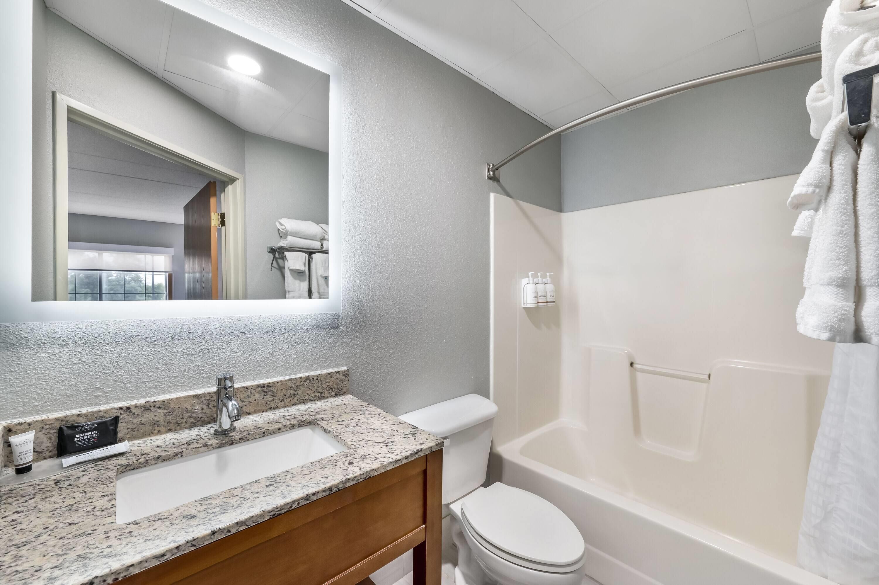 A bathroom with a granite countertop sink, a mirror, a toilet, and a bathtub.