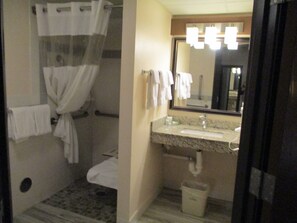 A bathroom with a shower, a sink, and a mirror. - AmericInn by Wyndham Hutchinson (Hutchinson)