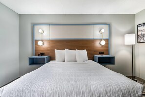 Habitación de hotel con una cama grande, dos mesitas de noche con lámparas, un cabecero con iluminación integrada y una obra de arte colgada en la pared.