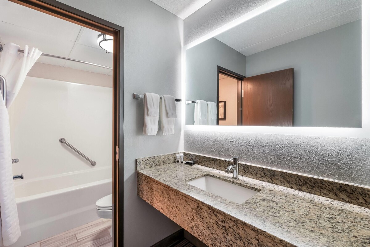 Une salle de bain moderne avec une baignoire, un lavabo doté d’un plan de travail en granit et un grand miroir.