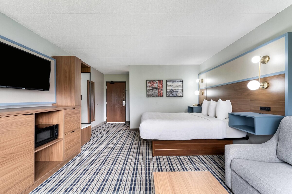 Une chambre d’hôtel équipée d’un lit, d’une télévision, d’un bureau avec un micro-ondes, d’un canapé et d’un luminaire fixé au mur.