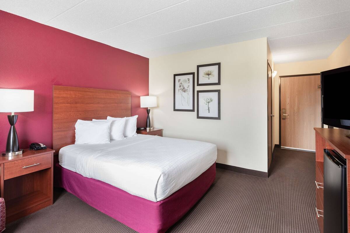 A hotel room with a bed, nightstands, a desk, a television, and framed artwork on the wall.