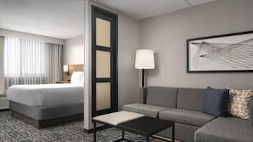 Down duvets, desk, laptop workspace, blackout curtains