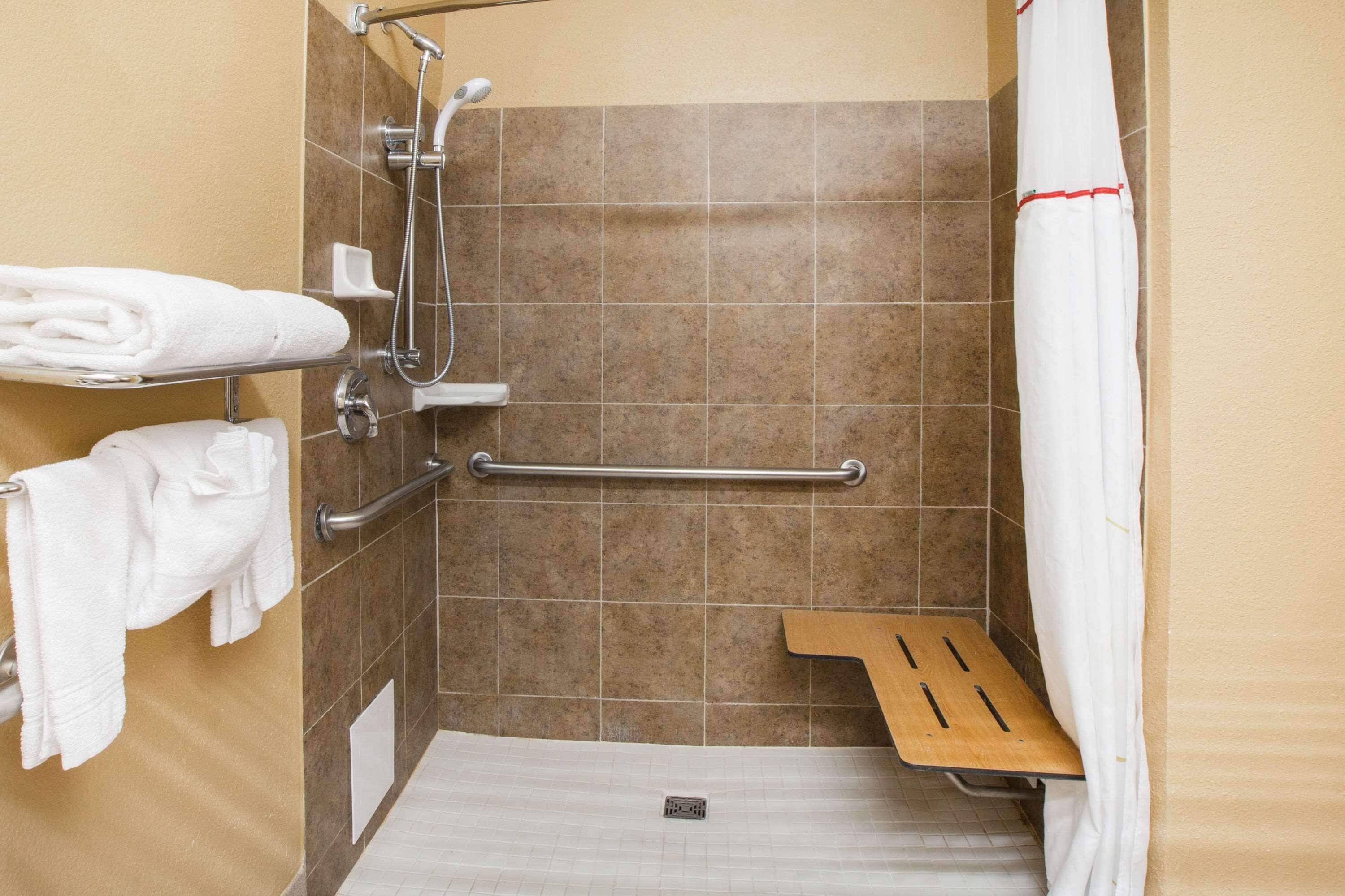 room, 1 king bed, accessible, non smoking (mobility,hearing,roll-in shower) | bathroom | combined shower/bathtub, hair dryer, towels