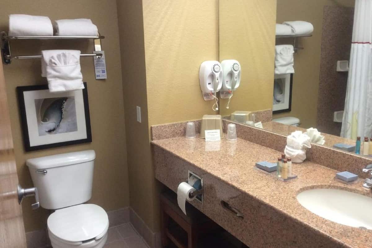 combined shower/bathtub, hair dryer, towels