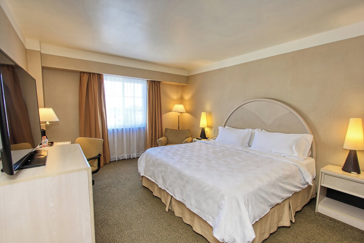 Habitación de hotel con una cama grande, dos lámparas de noche, un escritorio con computadora y una silla.