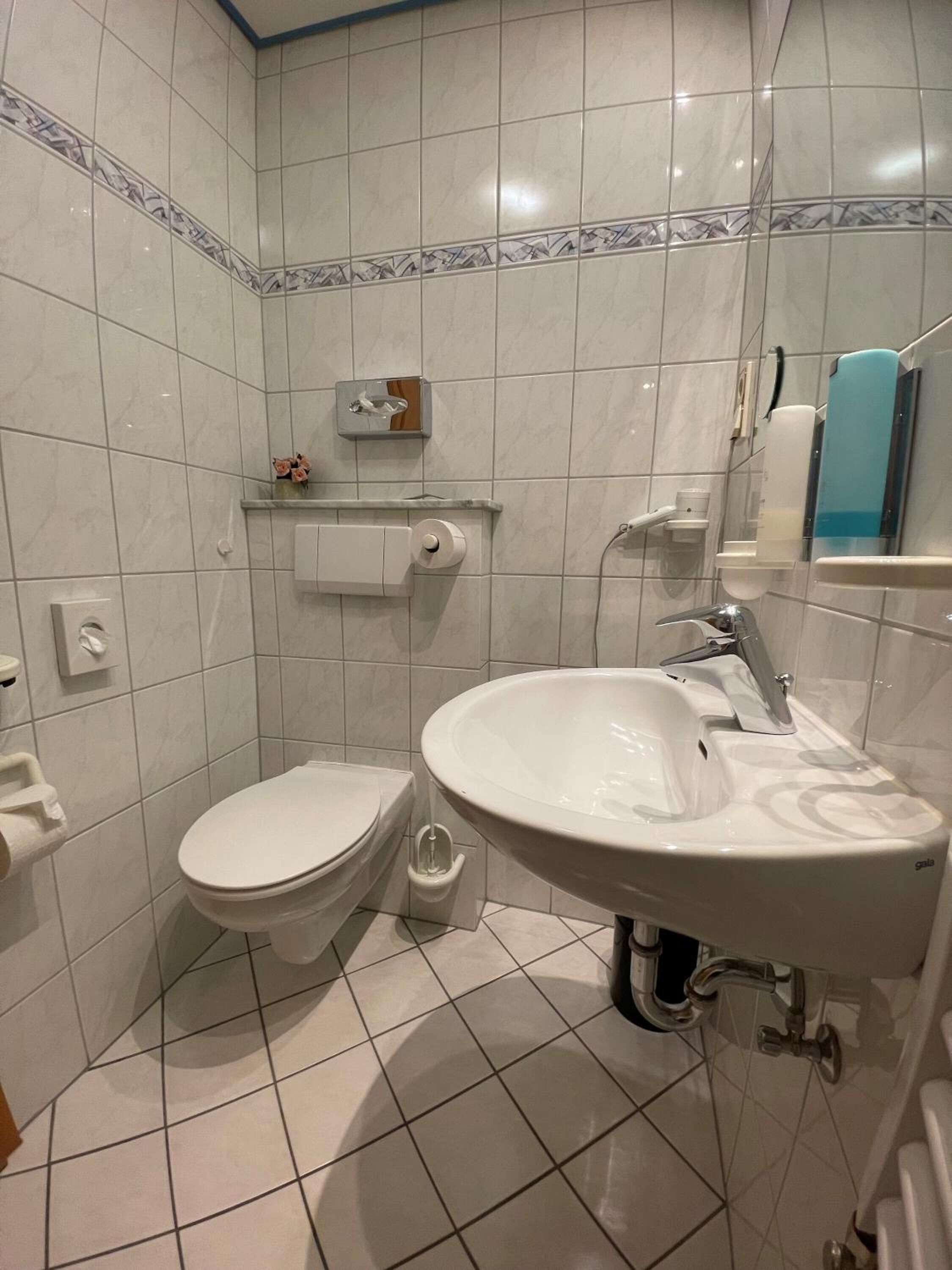 Ein Badezimmer mit Toilette, Waschbecken und Spiegel.