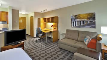 1 bedroom, desk, blackout drapes, iron/ironing board