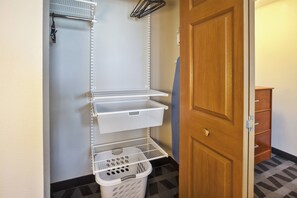 1 bedroom, desk, blackout drapes, iron/ironing board